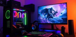 High-res gaming PC setup with RGB lighting and monitor.