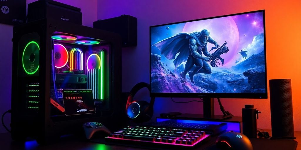 High-res gaming PC setup with RGB lighting and monitor.