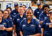 Diverse USPS employees working together in a postal facility.