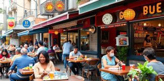 Colorful restaurants with diners enjoying meals outdoors.