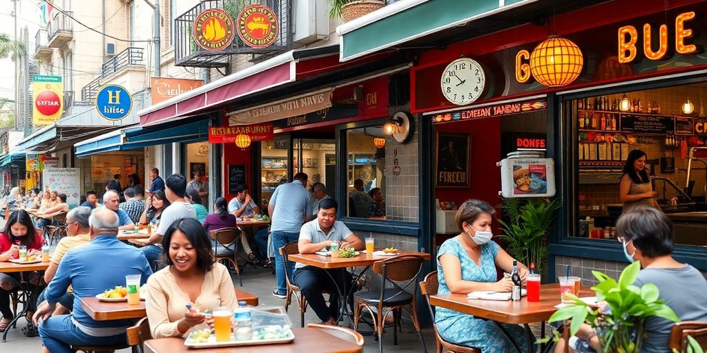 Colorful restaurants with diners enjoying meals outdoors.