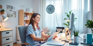 Nurse working in a cozy home office environment.