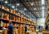 Employees working in a busy Amazon warehouse.