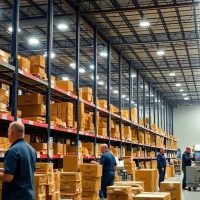 Employees working in a busy Amazon warehouse.