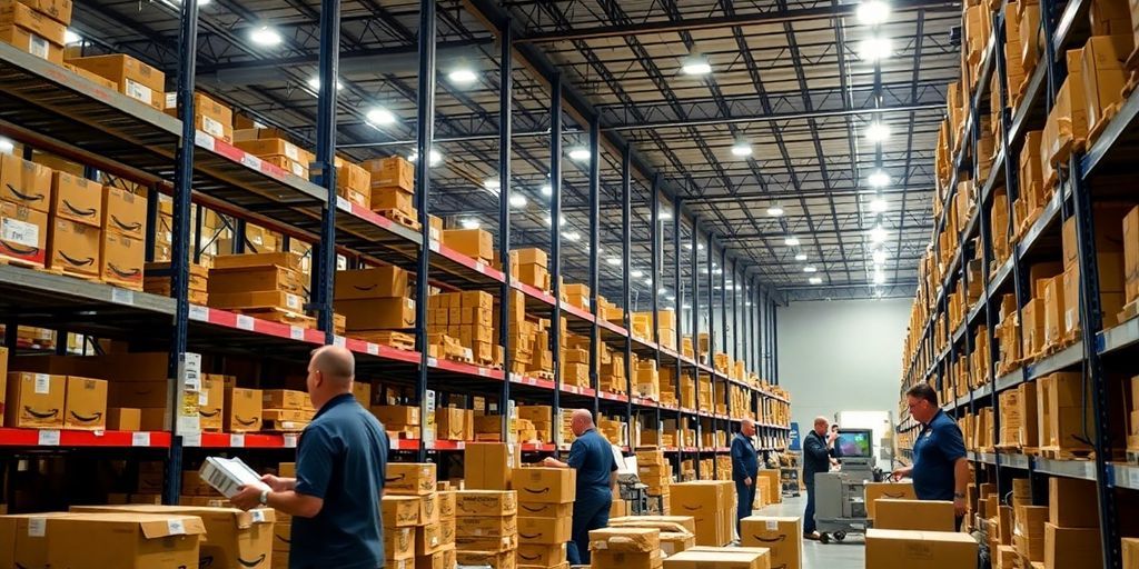 Employees working in a busy Amazon warehouse.