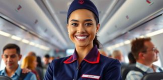 Flight attendant in uniform inside an airplane cabin.