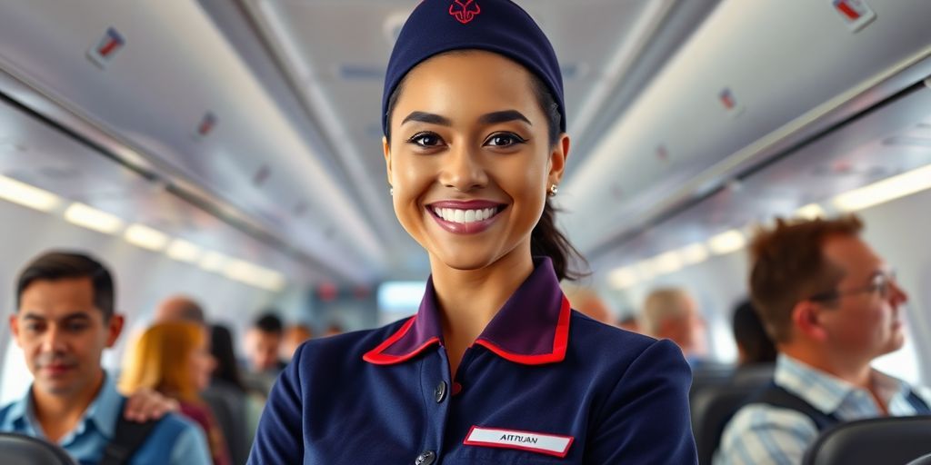 Flight attendant in uniform inside an airplane cabin.