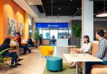 Modern bank office with people discussing in a friendly setting.