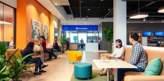 Modern bank office with people discussing in a friendly setting.