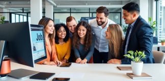 Employers collaborating on job postings in an office setting.