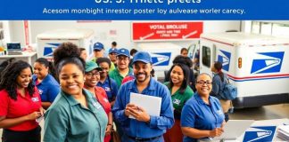 Diverse postal workers collaborating in a busy post office.