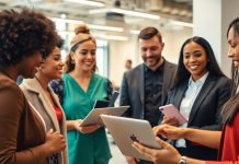 Diverse professionals networking in a modern office setting.