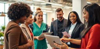 Diverse professionals networking in a modern office setting.