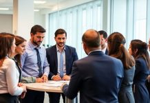 Diverse professionals collaborating in a modern office setting.