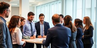 Diverse professionals collaborating in a modern office setting.