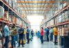 Diverse workers in a busy, organized warehouse environment.