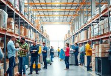 Diverse workers in a busy, organized warehouse environment.