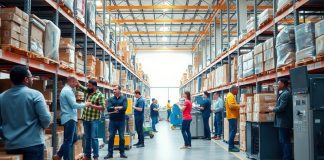 Diverse workers in a busy, organized warehouse environment.