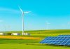 Duke Energy's renewable energy facilities with wind turbines and solar panels.