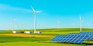 Duke Energy's renewable energy facilities with wind turbines and solar panels.