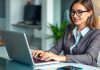 Woman using laptop to search LinkedIn job listings.