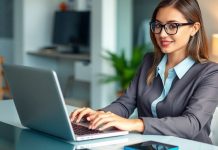 Woman using laptop to search LinkedIn job listings.