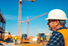 Construction worker on site with machinery and materials.