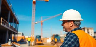 Construction worker on site with machinery and materials.