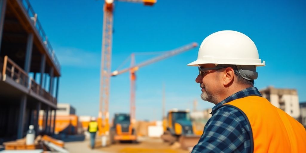 Construction worker on site with machinery and materials.