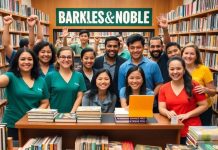 Diverse team working in a vibrant Barnes and Noble store.