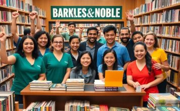 Diverse team working in a vibrant Barnes and Noble store.