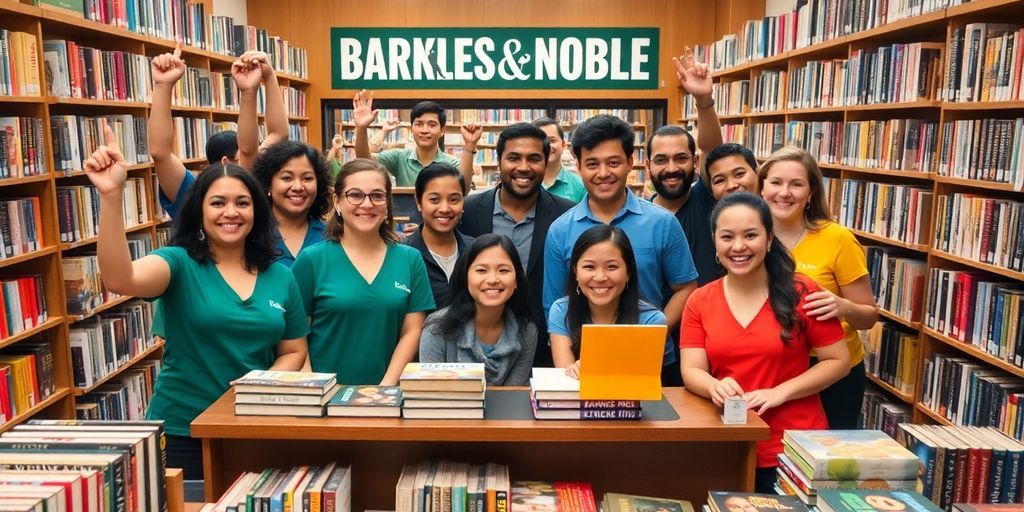 Diverse team working in a vibrant Barnes and Noble store.