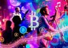 Musicians and blockchain icons blending in a colorful collage.