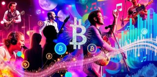 Musicians and blockchain icons blending in a colorful collage.