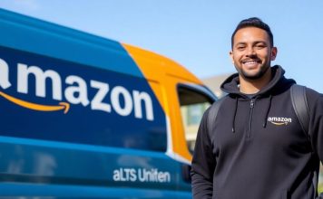 Amazon delivery driver with van in a neighborhood setting.