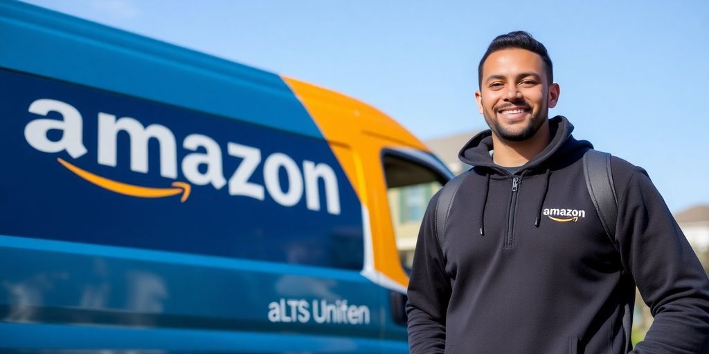 Amazon delivery driver with van in a neighborhood setting.