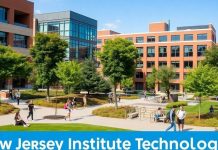 NJIT campus with students and modern architecture in view.