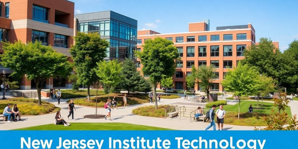 NJIT campus with students and modern architecture in view.