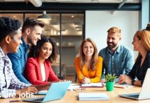 Diverse professionals collaborating in a modern office setting.