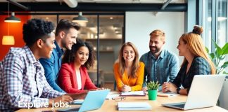 Diverse professionals collaborating in a modern office setting.