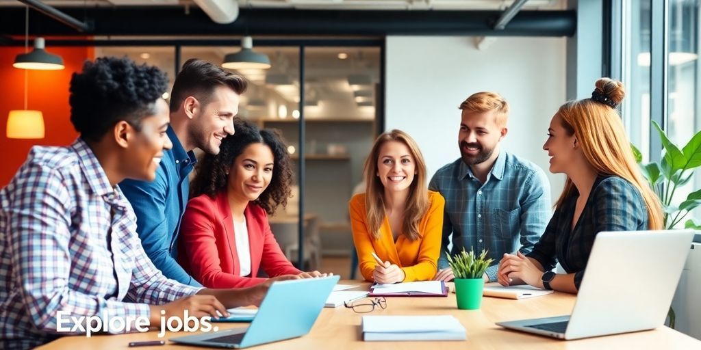 Diverse professionals collaborating in a modern office setting.