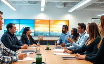 Diverse team collaborating in a modern Duke Energy office.