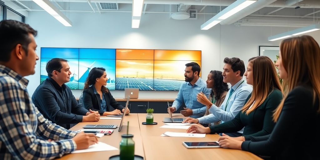 Diverse team collaborating in a modern Duke Energy office.