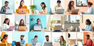 Diverse remote workers engaged in online job activities.