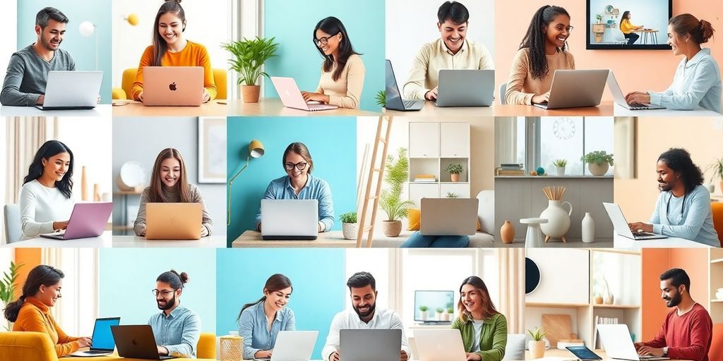 Diverse remote workers engaged in online job activities.