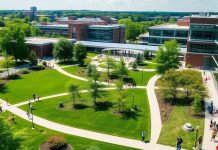 RIT campus with students and modern buildings in view.