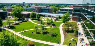 RIT campus with students and modern buildings in view.