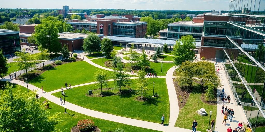 RIT campus with students and modern buildings in view.