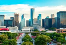 Houston city skyline with people and greenery.