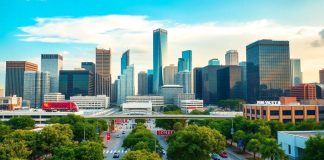 Houston city skyline with people and greenery.